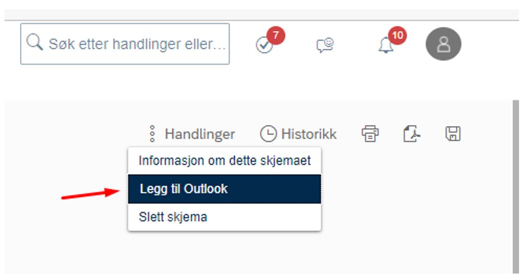 Skjermbilde av "Legg til Outlook" under "Handlinger".