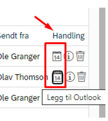 Skjermbilde av hvor du finner kalendersymbolet under kolonnen "Handling".