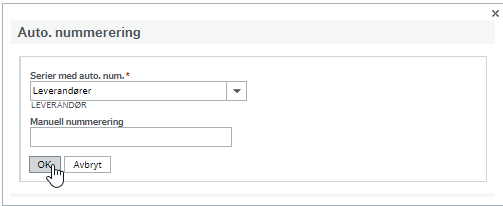 Du trykker ok i skjermbilde for auto. nummerering for å få tildelt leverandørnummer.