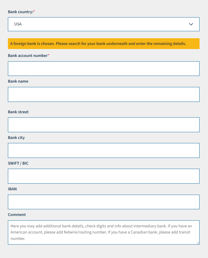 The picture shows input fields for bank details.