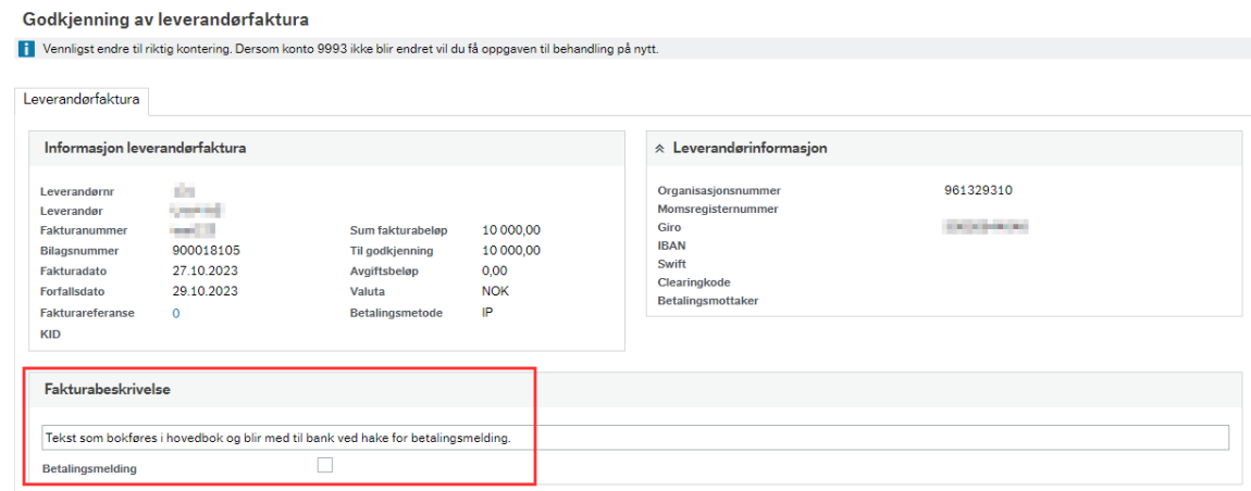 Skjermbilde som viser feltet Fakturabeskrivelse