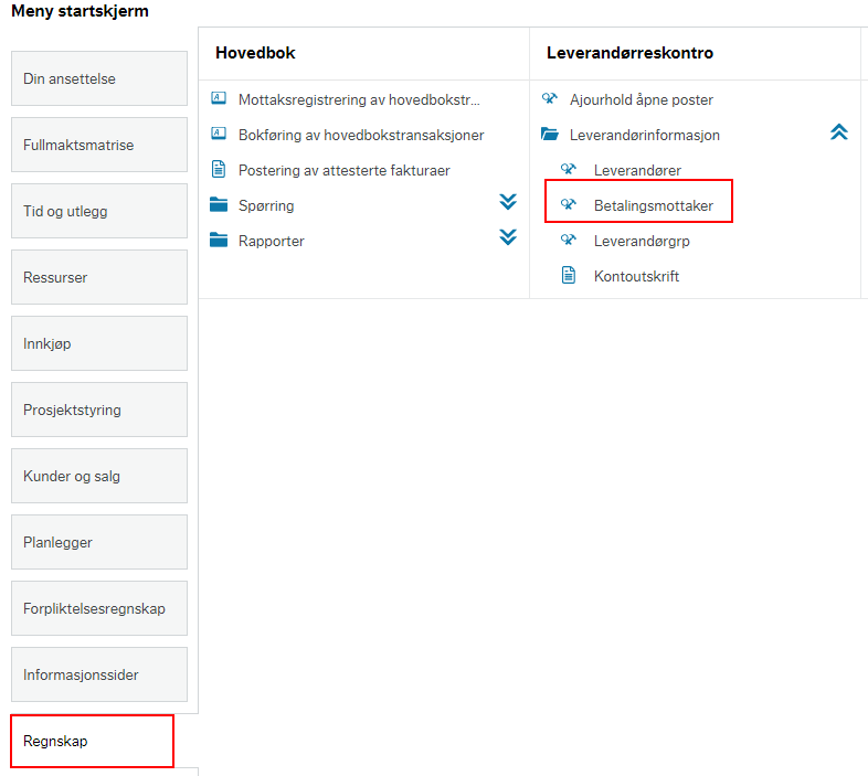 Skjermbildet viser menyen for opprettelse av betalingsmottaker.