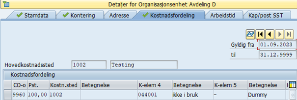 Skjermbildet viser at nytt kostnadssted må registreres på mappekortet under kostnadsfordeling.