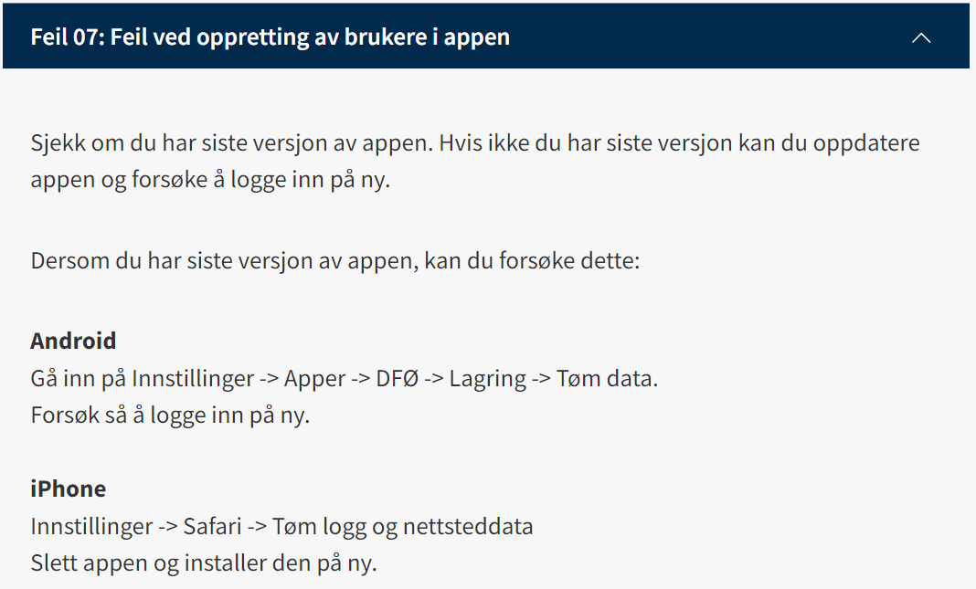 Skjermbilde av løsningsforslaget til feil 07 på våre nettsider.