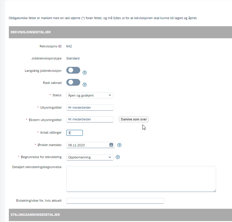 Bilde viser hvor du oppdaterer rekvisisjonsdetaljer for å få flere stillinger.