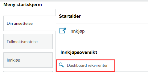 Bildet viser at Dashboard rekvirenter ligger under menypunkt Din ansettelse og Innkjøpsoversikt. 