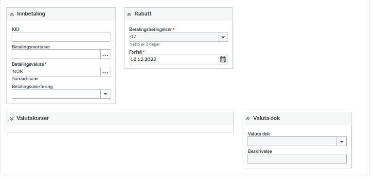 Bildet viser hvor du finner feltene Innbetaling, Rabatt og Valutadok.