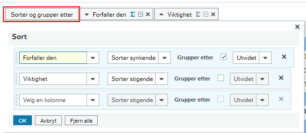 Knappen "Sorter og grupper" etter lar deg velge hva oppgavene skal sorteres på, samt gruppere oppgaver etter et gitt kriterium, for eksempel forfallsdato.