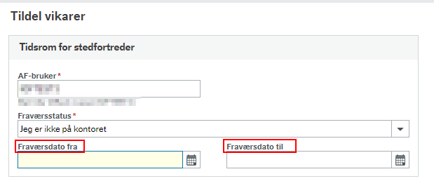 Fraværsdato fra og Fraværsdato til er henholdsvis felt nummer tre og fire under Tidsrom for stedfortreder.
