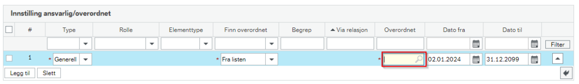 Skjermbildet viser at du kan søke opp overordnet i feltet for overordnet.