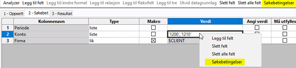 Viser "Søkebetingelser"