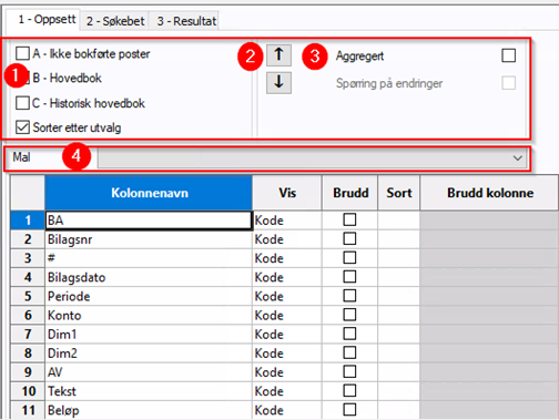 Bildet viser oppsettfanen - spørring bilag