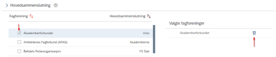 Avhaking og sletting av fagforeninger i fanen Fagforeninger