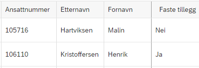 Bilde av kolonnen Faste tillegg i Prioriteringsliste. Kolonnen viser Ja når ansatt har et fast tillegg som ble valgt i Velg faste tillegg.