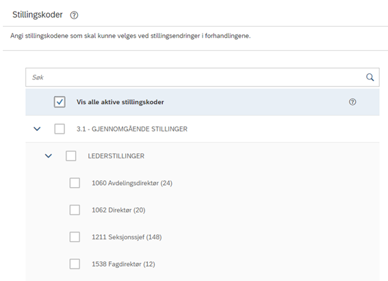 Oversikten over de aktive stillingskodene