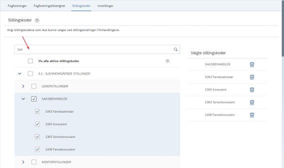 Søkefelt i fanen Stillingskoder.