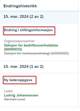 Endringen vist på personprofil,inne på stillingsdetaljer 