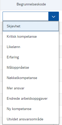 Valgte begrunnelseskoder blir tilgjengelige i Prioriteringsliste.