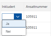 Ansatte skal markeres med «Ja» eller «Nei» i kolonnen Inkludert.