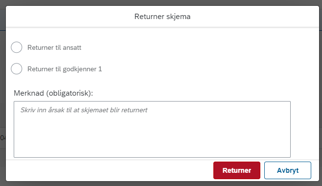 Bildet viser returner skjema