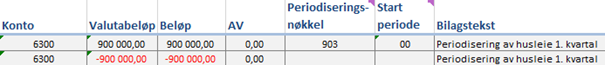 Eksempel hvor vi ser at startperiode og antall perioder kun fylles inn på debetlinjen