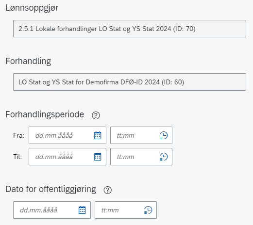 Bildet viser funksjoner for å legge inn forhandlingsperiode og dato for offentliggjøring.