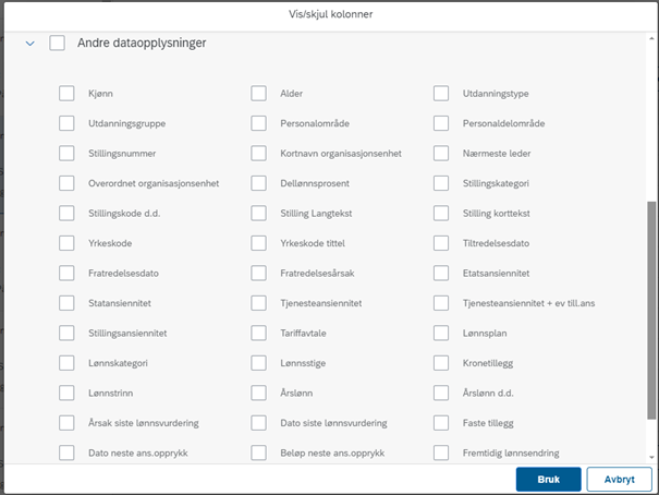 I «Vis/skjul kolonner» kan man legge til flere kolonner etter behov.