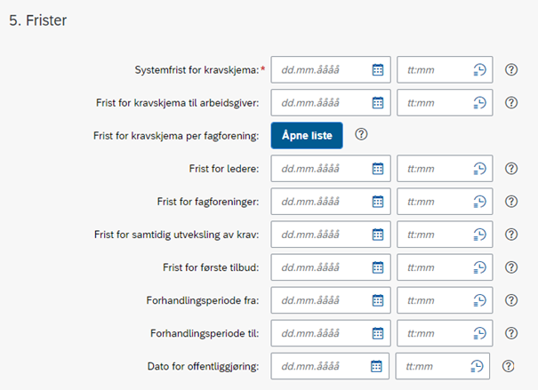 Bildet viser funksjon for å legge inn datoer og frister for forhandlingen.