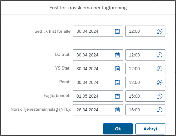 Bildet viser frist for kravskjema per fagforening.