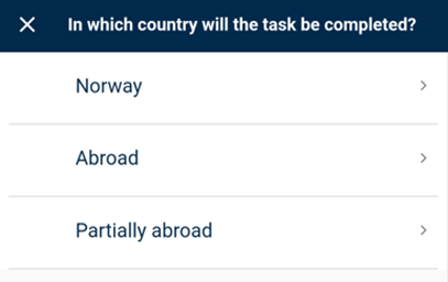 Screenshot of selection of which country the task will be completed in