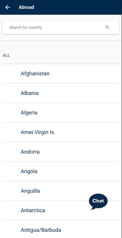Screenshot of the list of countries when selecting "Abroad"