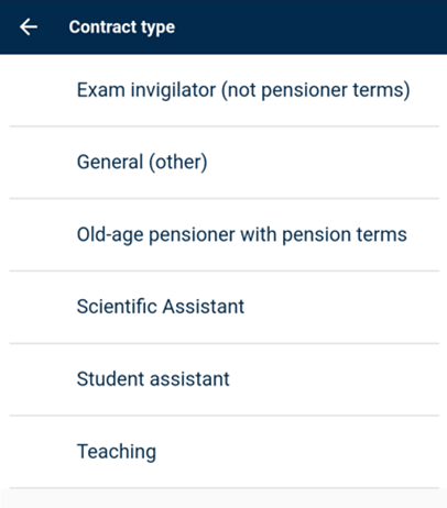 Screenshot of the selection of contract type