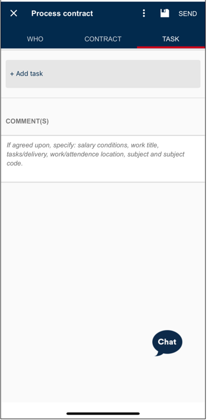 Screenshot of tab 3 "Task" when ordering an hourly or assignment contract in the app