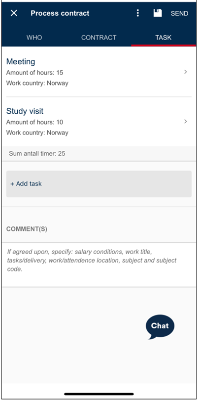 Screenshot of tab 3 "Task" with tasks listed for the contract