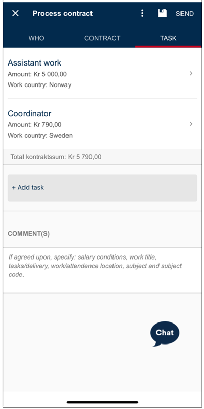 Screenshot of tab 3 "Task" with tasks listed for the contract