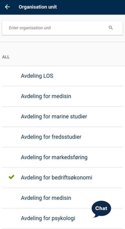 Screenshot of the selection of organisational unit