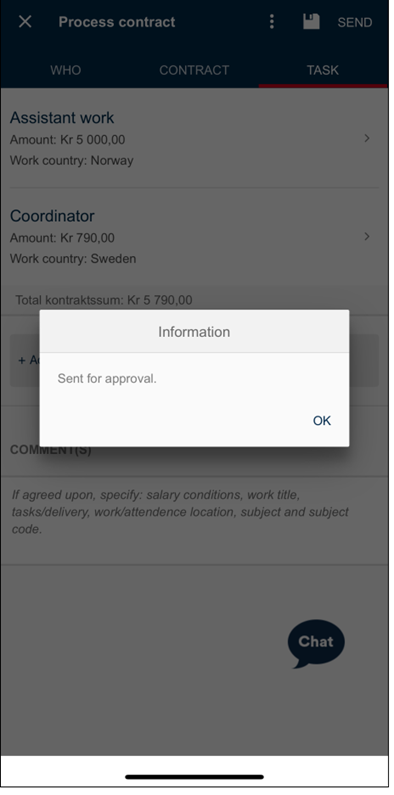 Screenshot of confirmation when the contract is sent for approval