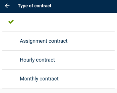 Screenshot of the selection of type of contract