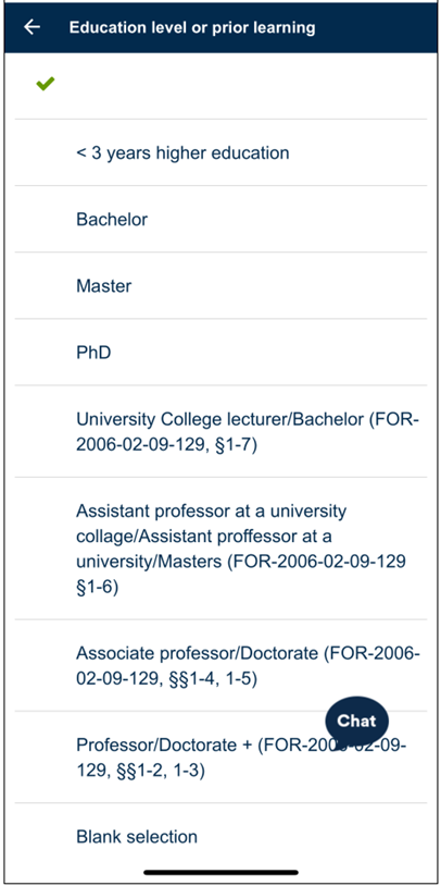 Screenshot of the selection of education level or prior learning
