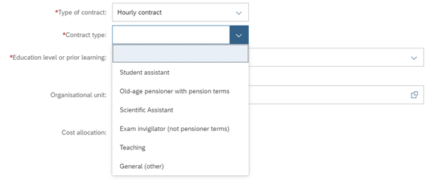 Screenshot of selection of contract type
