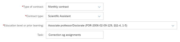 Screenshot of available fields when adding a task to a monthly contract
