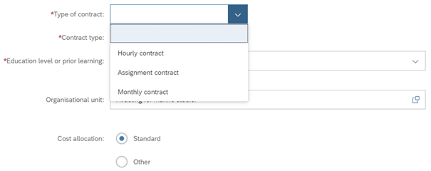 Screenshot of selection of type of contract