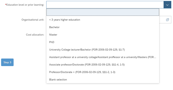 Screenshot of selection of education level or prior learning