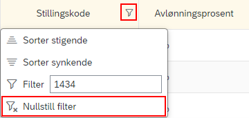 Bildet viser hvordan aktive søk er markert med et filtersymbol. Trykk på Nullstill filter for å fjerne søket.