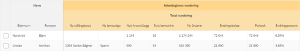 Bildet viser hvordan alle lønns- og stillingsendringer, samt eventuelle valgte kolonner, vises i kolonnegruppen Arbeidsgivers vurdering hos mottakeren.