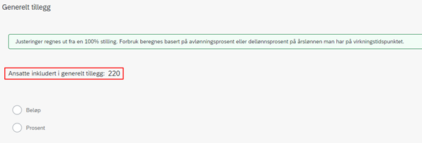 Bildet viser antall inkluderte ansatte i det generelle tillegget angis i registreringsbildet.