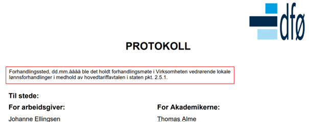 Bildet viser hvordan innledningen vil vises under overskriften «Protokoll» i protokolldokumentet.