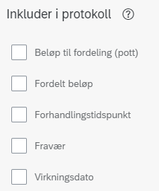 Bildet viser en oversikt over hvilken informasjon en kan huke av og inkludere i protokolldokumentet.