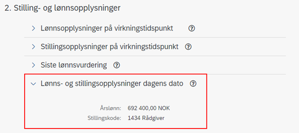 Bilde av lønns- og stillingsopplysninger på dagens dato fra Kravskjema.
