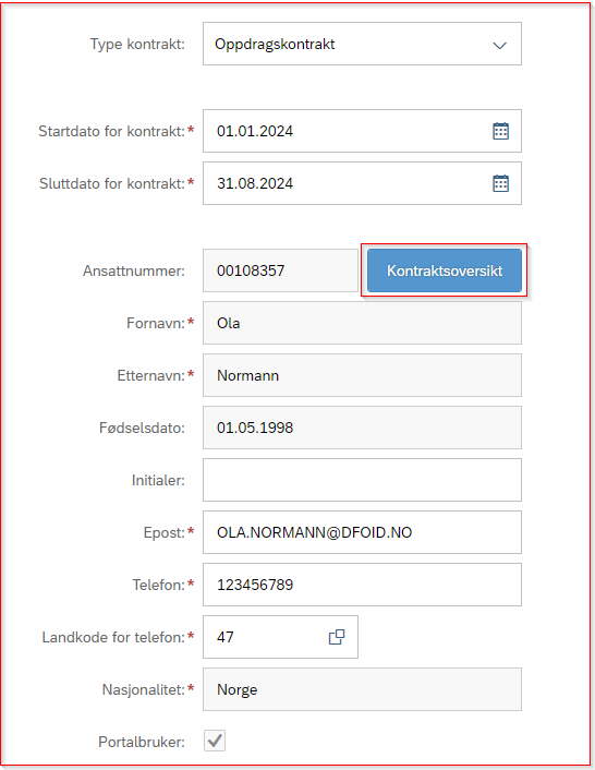 Bildet viser et skjermbilde som viser en aktiv knapp for "Kontraktsoversikt"